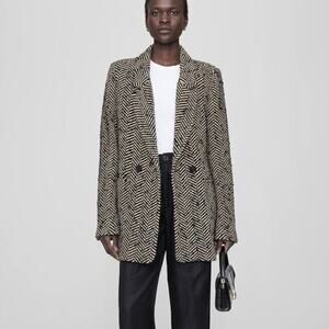 Anine Bing Diana Fishbone Tweed Blazer Double Breasted Jacket Black Beige Sz XS